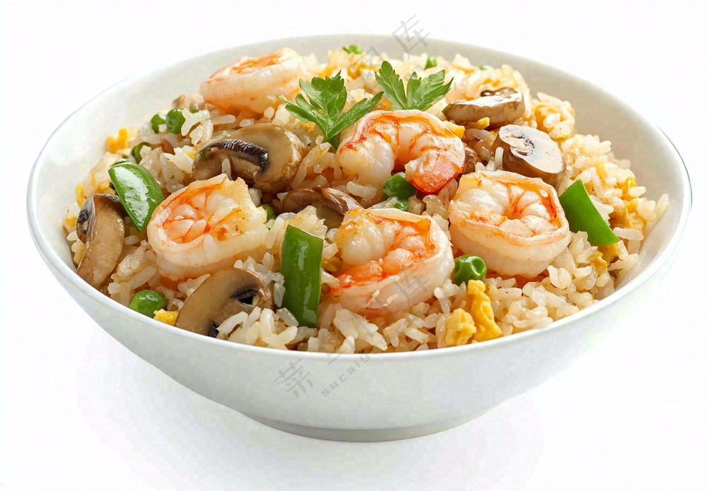 虾仁时蔬炒饭蘑菇美食摄影图