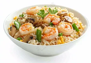 虾仁时蔬炒饭蘑菇美食摄影图
