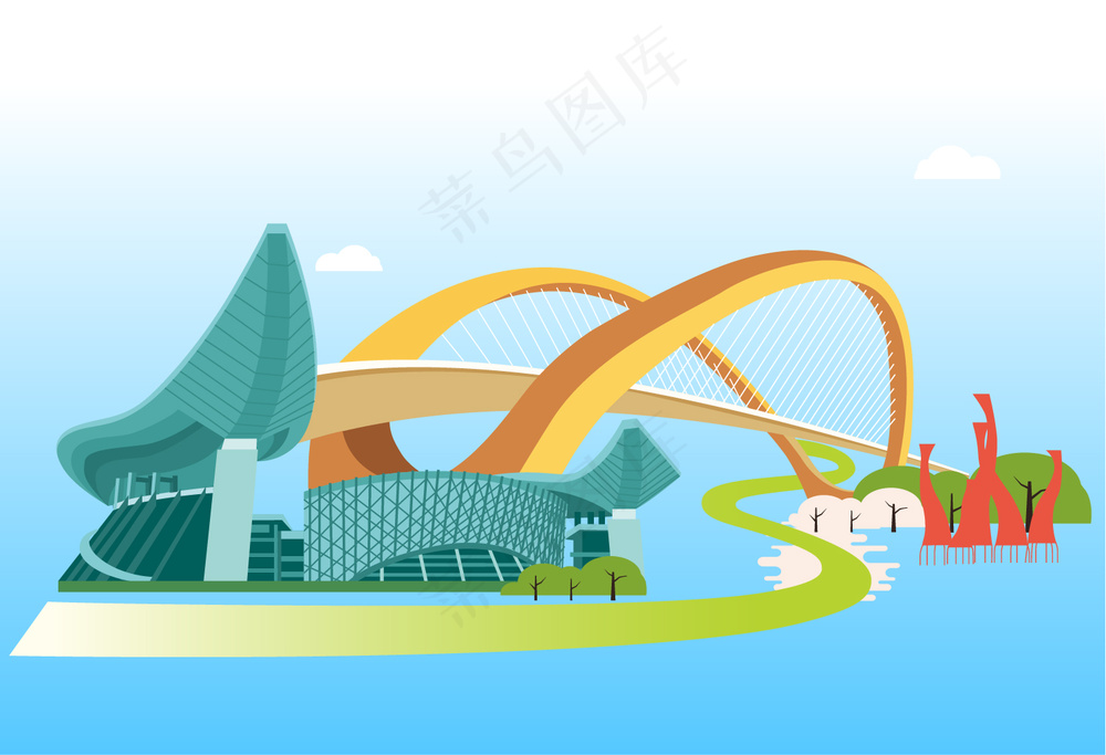 广西体育中心，南宁大桥，地标建筑，AI矢量插画，用于设计