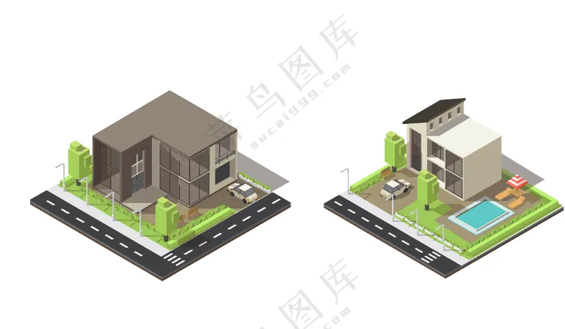 别墅4 游泳池 大别墅 矢量图