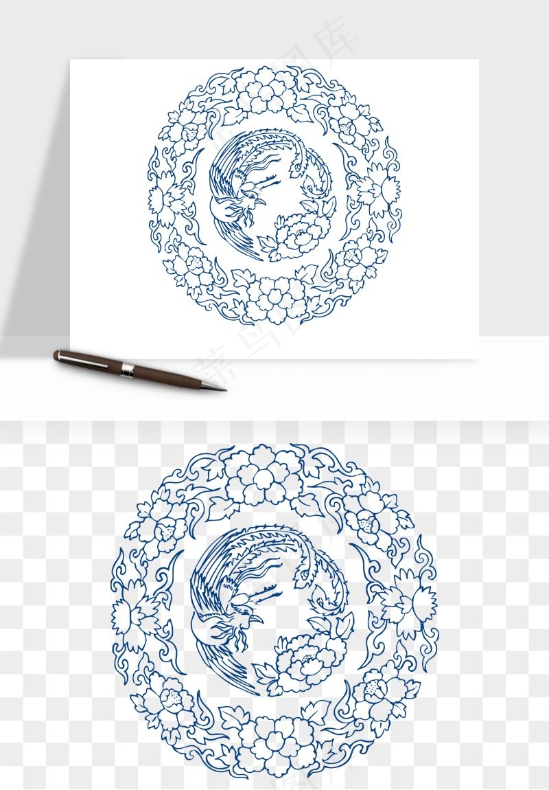 青花瓷花纹花卉图案png免抠
