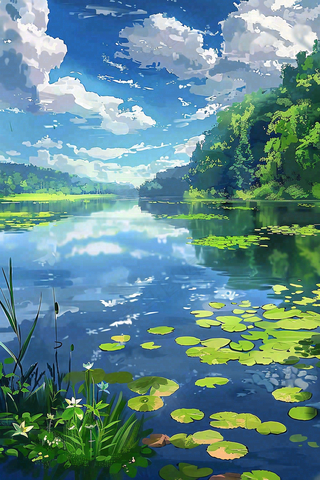 春夏蓝天白云下的森林河流湖泊立夏小暑插画背景