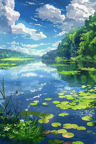 春夏蓝天白云下的森林河流湖泊立夏小暑插画背景