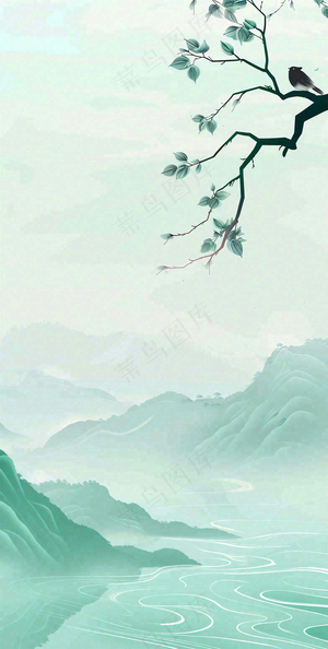 夏天青山绿水国风端午节处暑插画背景