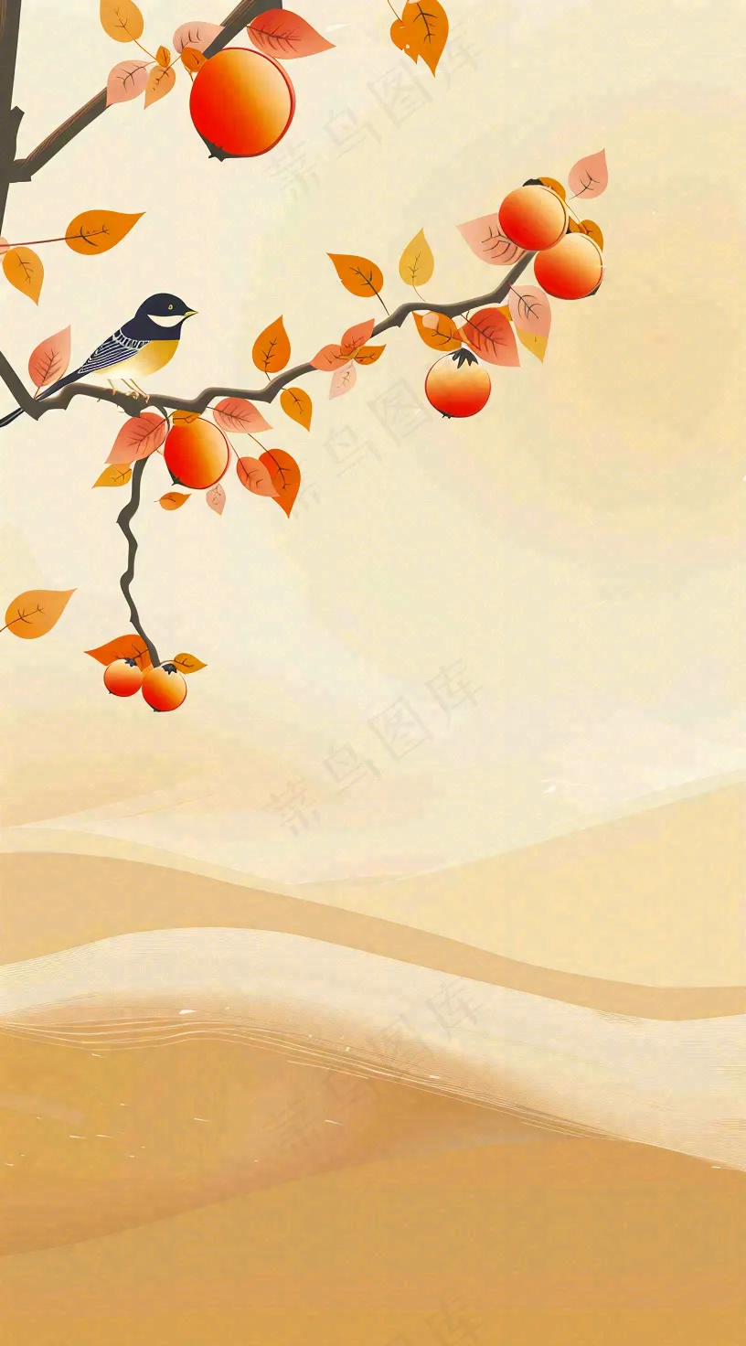 秋冬柿子树上的小鸟黄色插画霜降背景