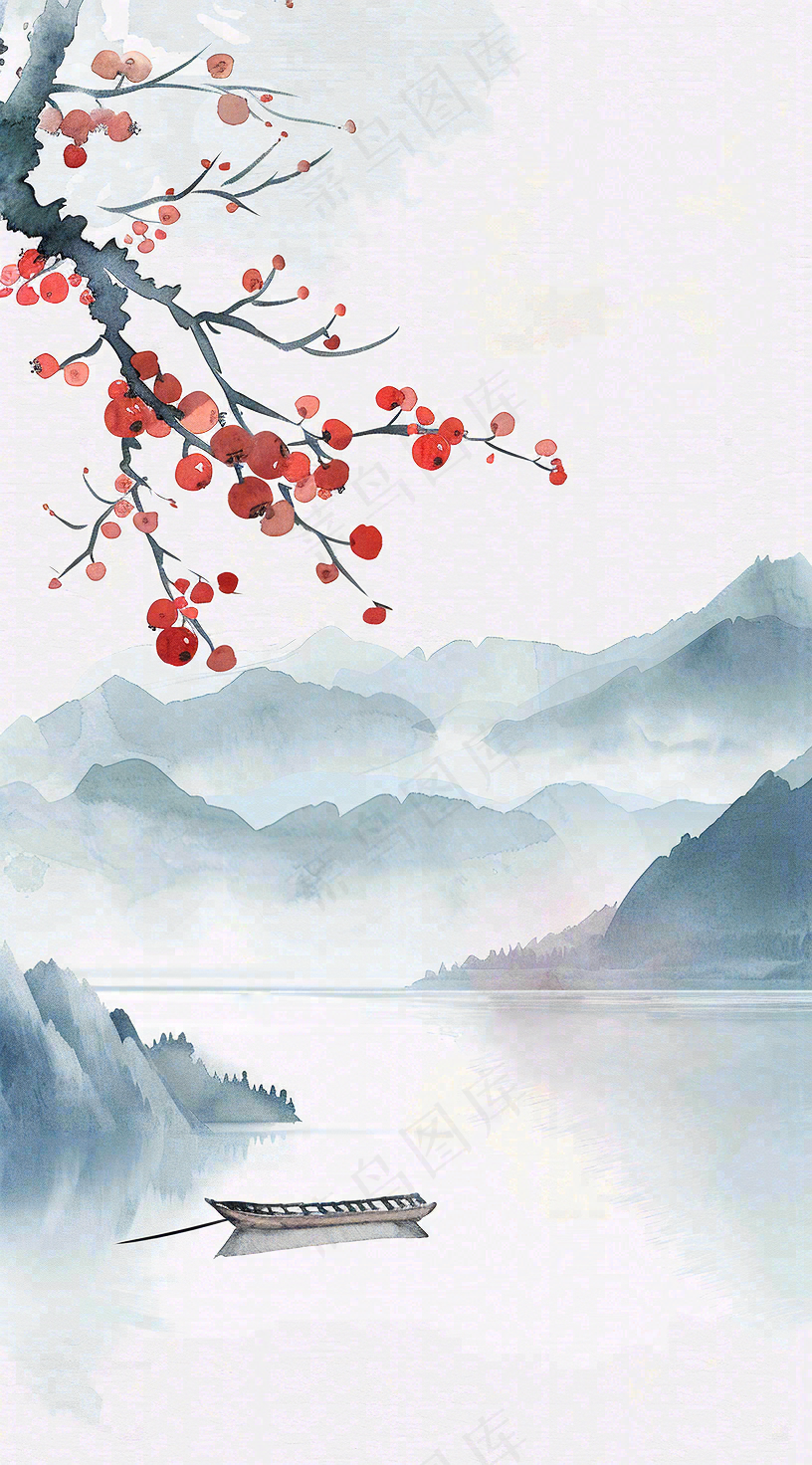 中国风山水秋冬柿子树霜降插画背景