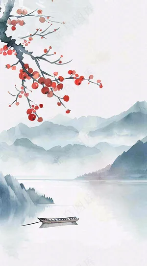 中国风山水秋冬柿子树霜降插画背景