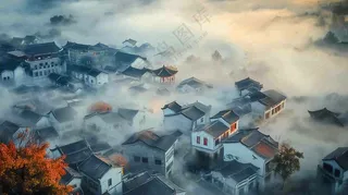 江南风景屋檐瓦舍雾村庄山林摄影图