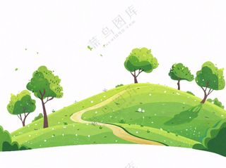 草原青草树木卡通插画免抠