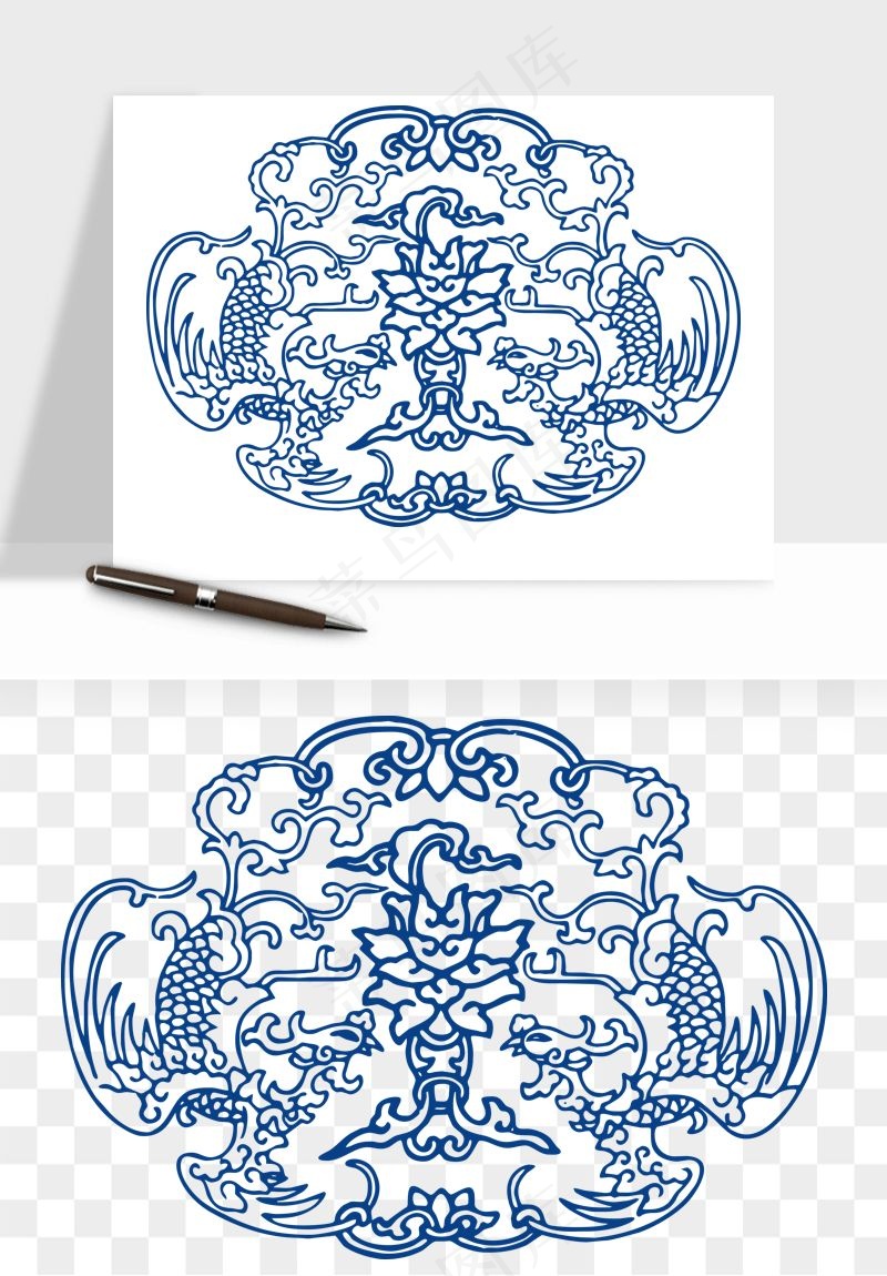 青花瓷花纹花卉图案png免抠