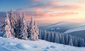 山间日出时分雪景覆盖的树木