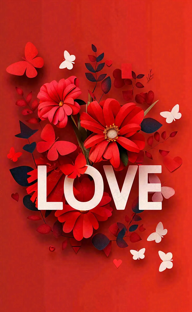 红色鲜花情人节love立体插画情人节七夕背景