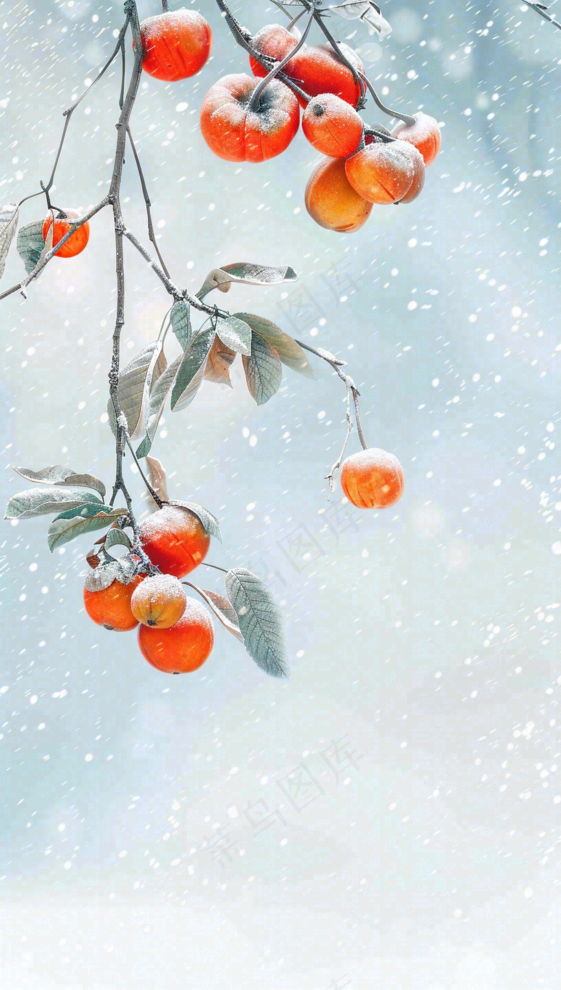 冬天风雪里的柿子树霜降插画背景