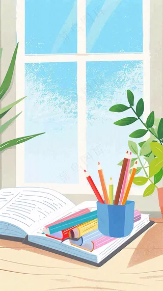 世界读书日窗前书桌书本绿植小清新卡通插画背景