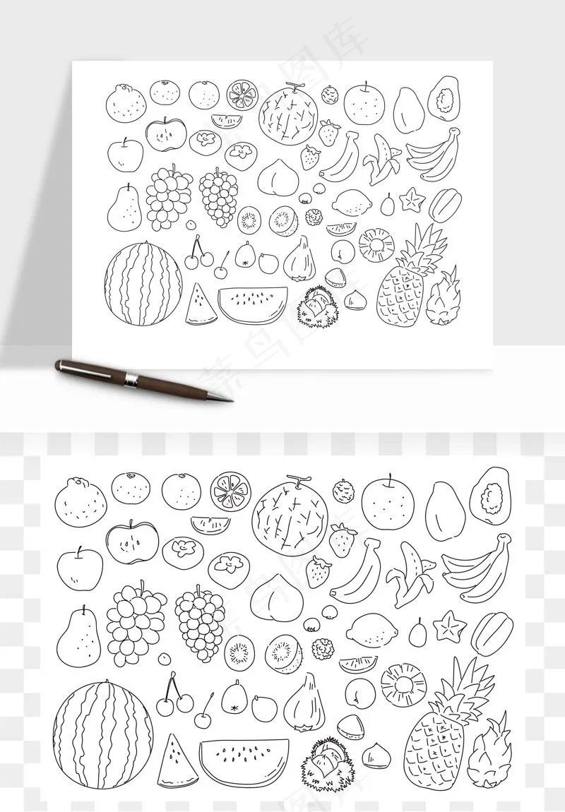 手绘线描水果蔬菜矢量