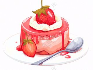 草莓蛋糕甜点下午茶插画免抠