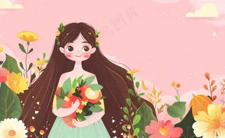 粉色ins时尚女生节绿植女神节妇女节小清新插画背景