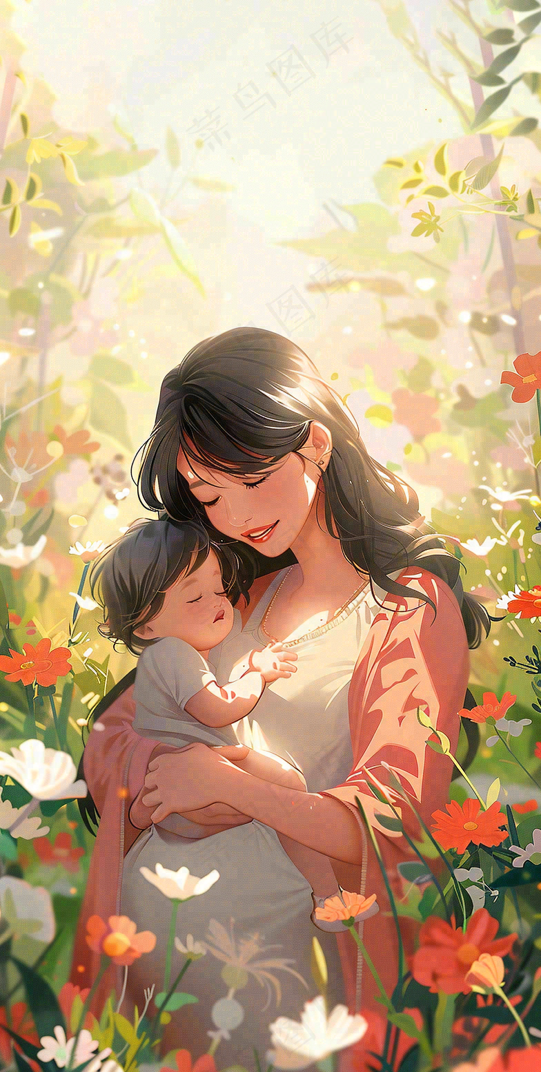 母亲节妈妈亲情抱着孩子鲜花光辉插画背景