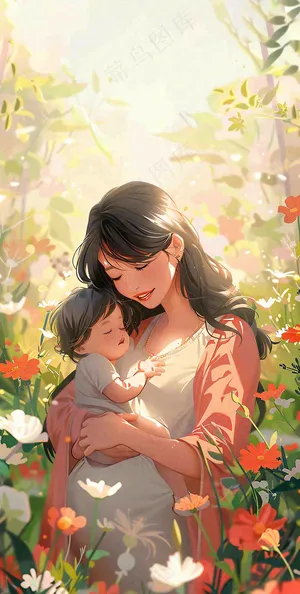 母亲节妈妈亲情抱着孩子鲜花光辉插画背景