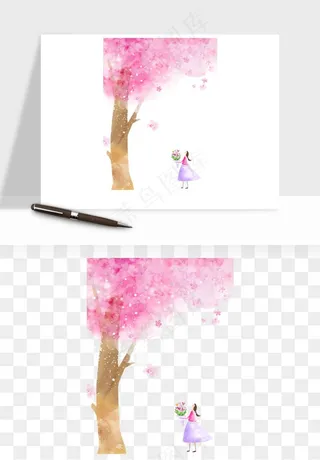 手绘浪漫花树桃花树png免抠