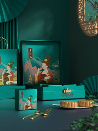 绿色中式传统中秋节月饼礼盒包装psd样机005