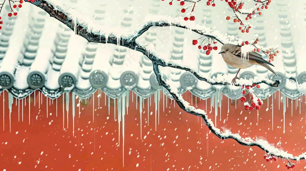 冬季大雪纷飞红色宫墙梅花枝条的小鸟国风插画立冬冬至大雪背景 