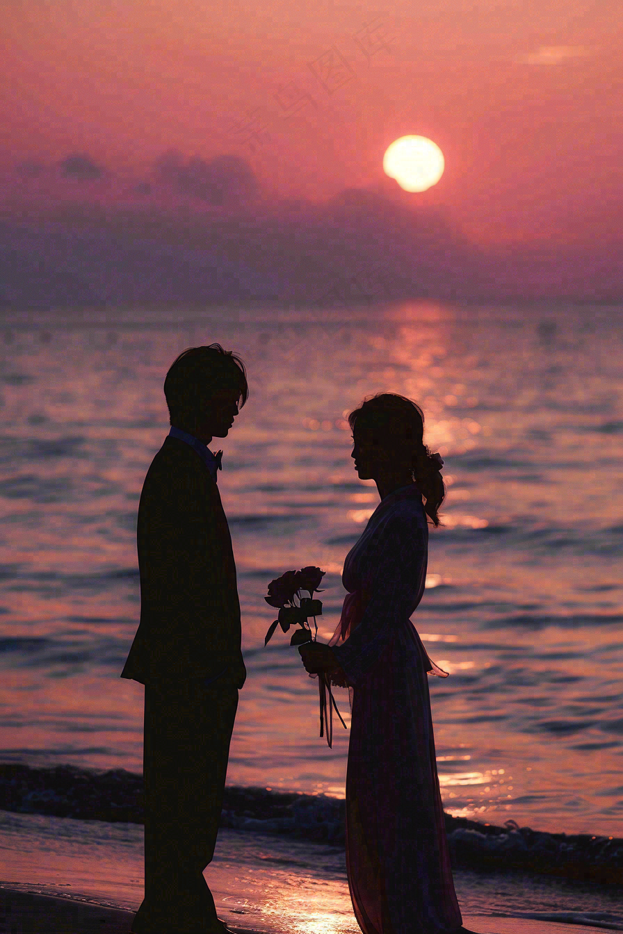 浪漫夕阳晚霞海边情侣情人节七夕摄影图