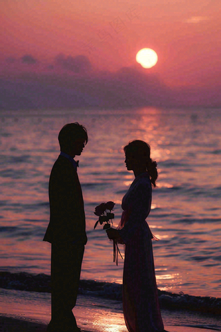 浪漫夕阳晚霞海边情侣情人节七夕摄影图