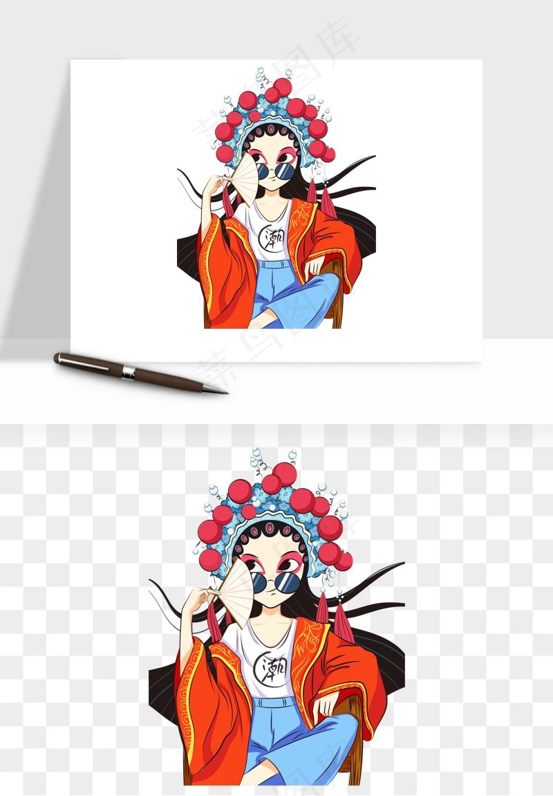 手绘国潮女性人物插画png免抠