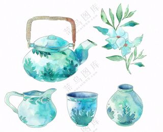 水彩茶壶茶杯插画免抠