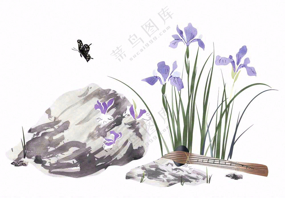 水渠石头旁紫色兰花生长蝴蝶水墨画插画免抠