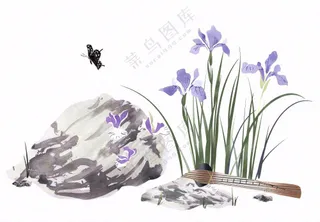 水渠石头旁紫色兰花生长蝴蝶水墨画插画免抠