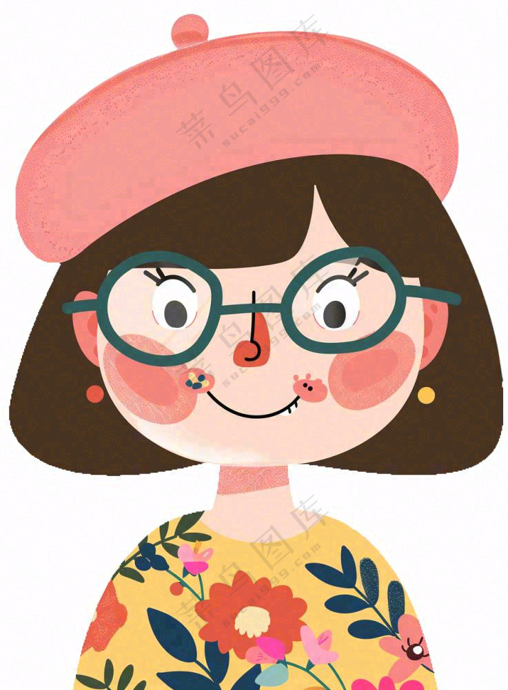 戴眼镜的可爱女孩精致人物卡通插画免抠