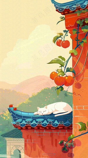 秋天红色宫墙上的白猫柿子树国风插画立秋秋分背景