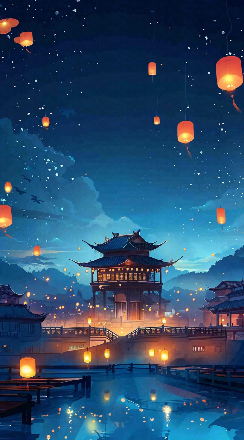 夜晚点灯孔明灯祈福中元节寒衣节插画背景