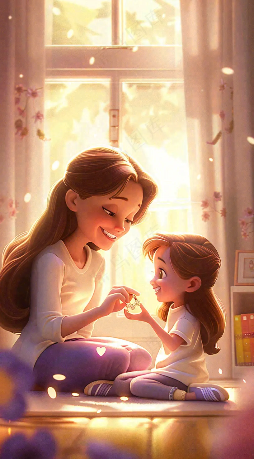 母亲节妈妈亲情抱着孩子鲜花光辉插画背景