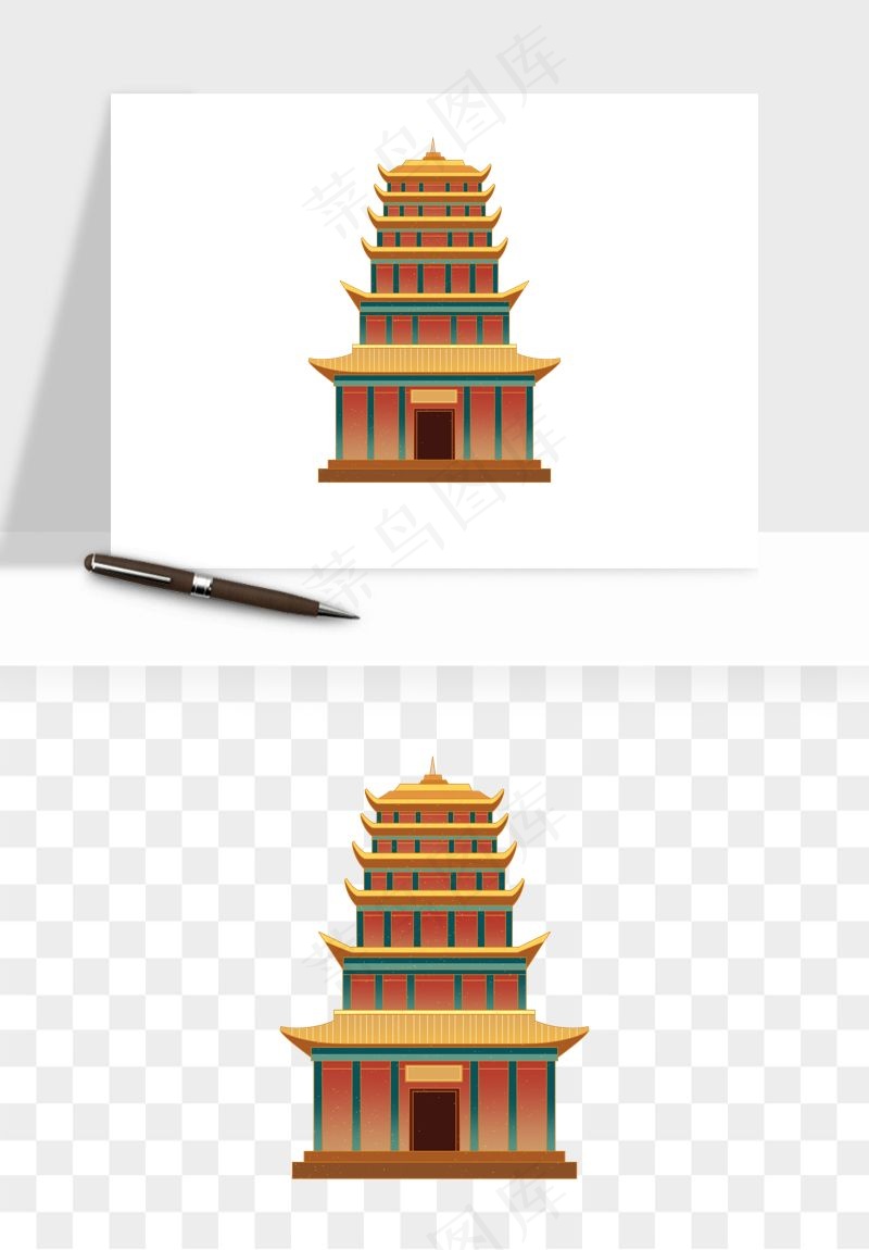 国潮风古建筑古楼古塔鼓楼psd,png免抠图