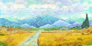 麦田风景油画插画