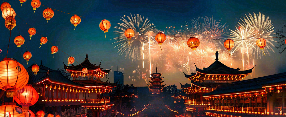 新年节日京城灯火灯笼烟花爆竹盛世国风小年除夕元宵节插画背景