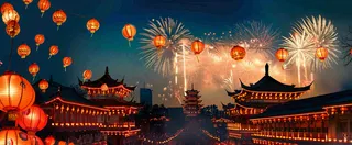 新年节日京城灯火灯笼烟花爆竹盛世国风小年除夕元宵节插画背景