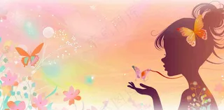 粉色女生美丽蝴蝶浪漫唯美妇女节插画背景