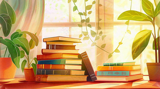 世界读书日窗前书桌书本绿植卡通插画背景