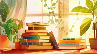 世界读书日窗前书桌书本绿植卡通插画背景