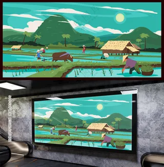 水稻梯田背景插画水稻种植农耕文化海报