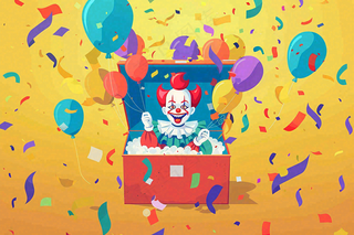 小丑搞怪马戏团游乐园愚人节气球彩带庆祝卡通插画背景