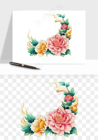 手绘国潮牡丹花花卉图案png免抠