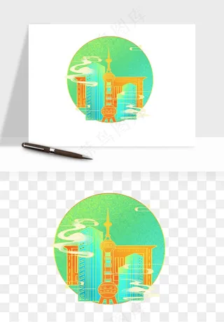 国潮城市地标山水建筑png免抠