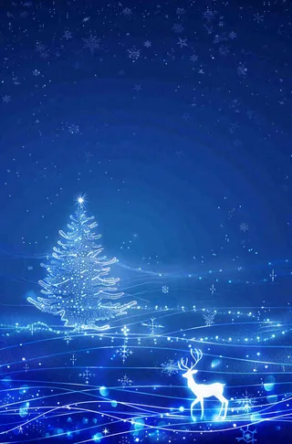 夜晚蓝色星空月亮麋鹿圣诞树平安夜圣诞节梦幻插画背景
