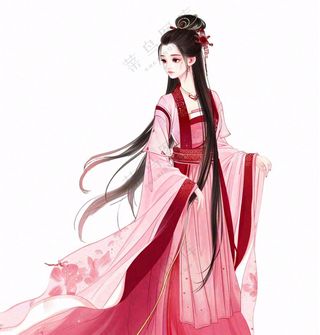 红色衣裙的古风人物少女插画免抠
