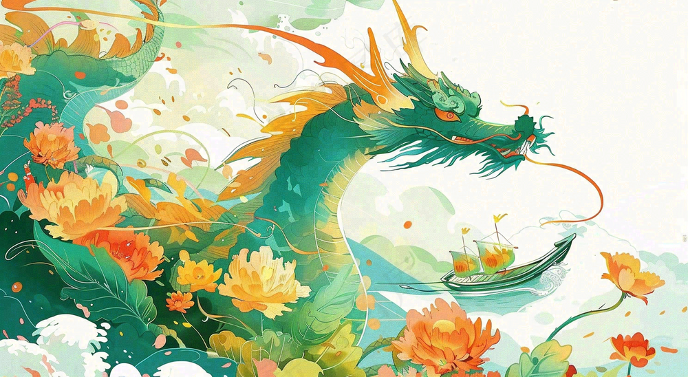 中国龙龙舟绿色创意插画端午节背景